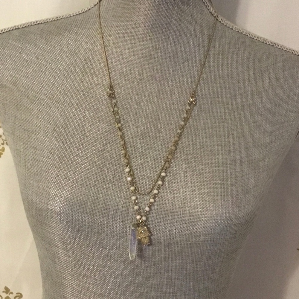 Beaded Rosary Chain w Clear Crystal & Hamsa